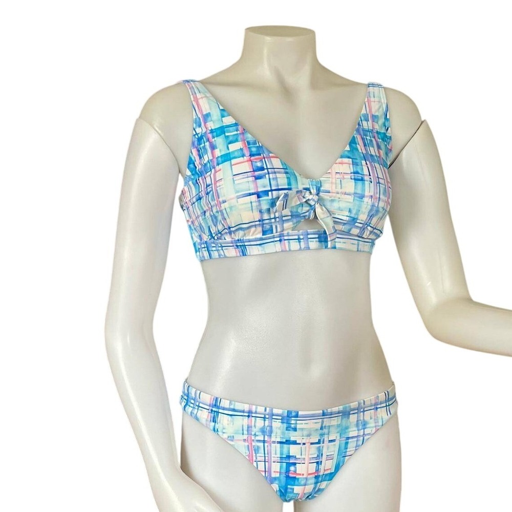 Birdsong Blue Pink Plaid Underwire Bikini Set 32DD Small‎ Bottoms Preppy Coastal